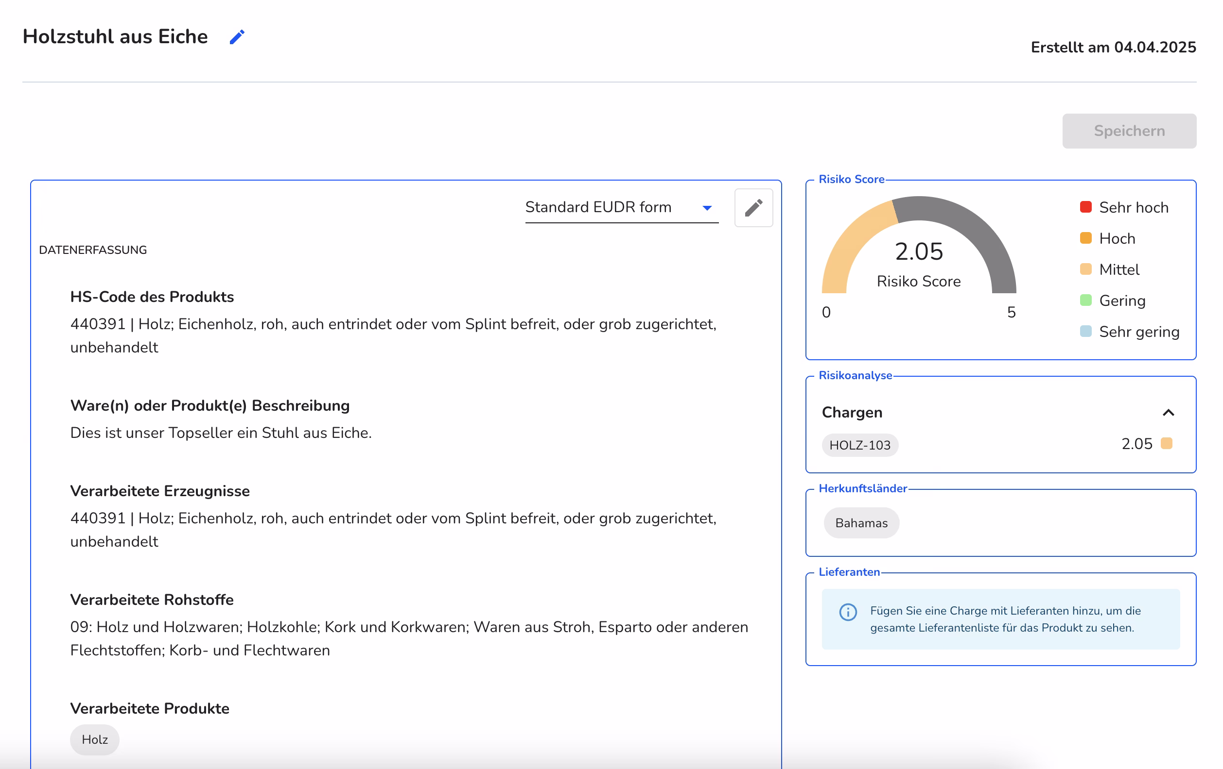 Detailansicht eines Produktes im EUDR Modul